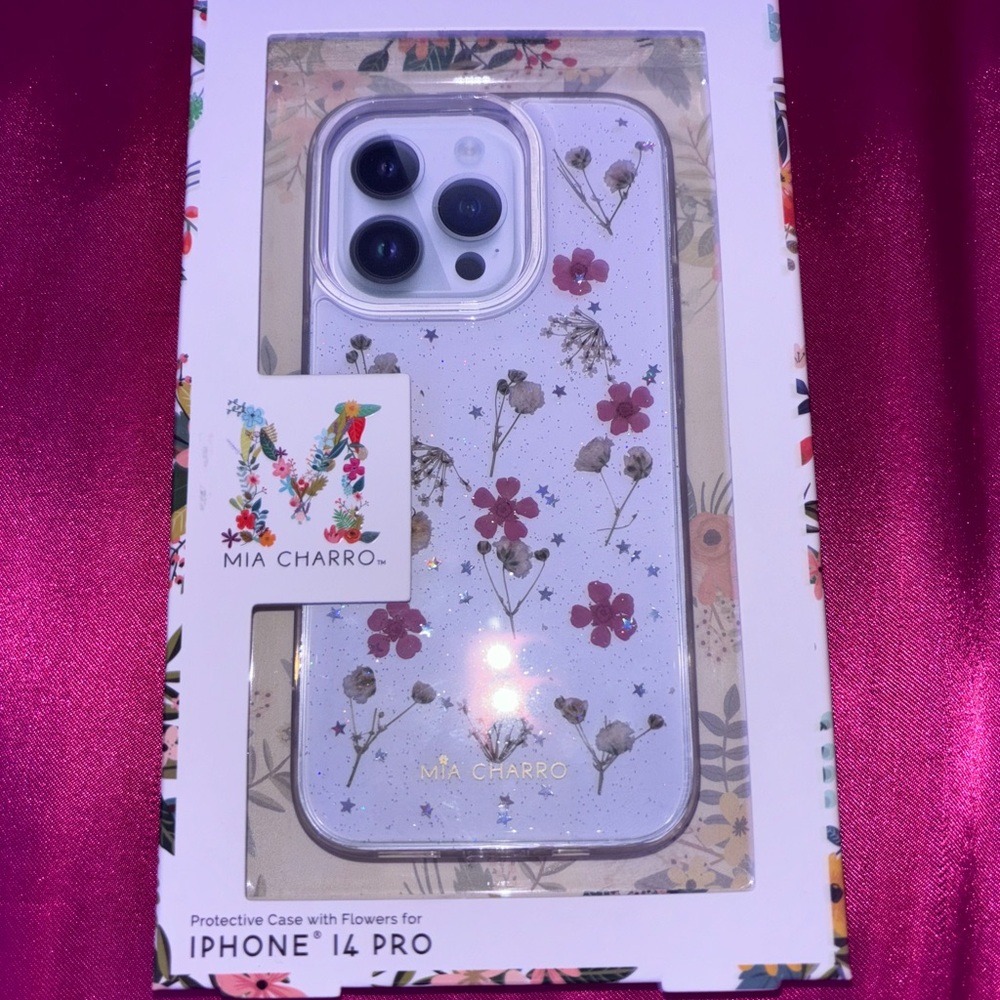 Mia Charro Clear Protective Case with Flower Design & Glitter iPhone 14 Pro
